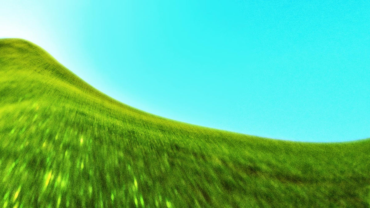 A bright green grassy hill curving from the lower left toward the upper right under a clear turquoise blue sky.